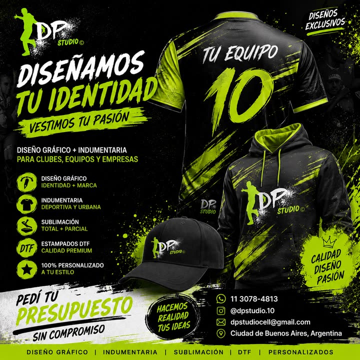 Placa de DPSTUDIO: Diseñamos tu identidad, vestimos tu pasión. Diseño gráfico, indumentaria deportiva y urbana, sublimación total y parcial, estampados DTF y 100% personalizado. Pedí tu presupuesto sin compromiso: 11 3078-4813, @dpstudio.10.